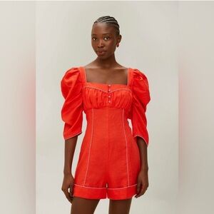 FARM Rio Red Puff Sleeve Linen Romper size medium